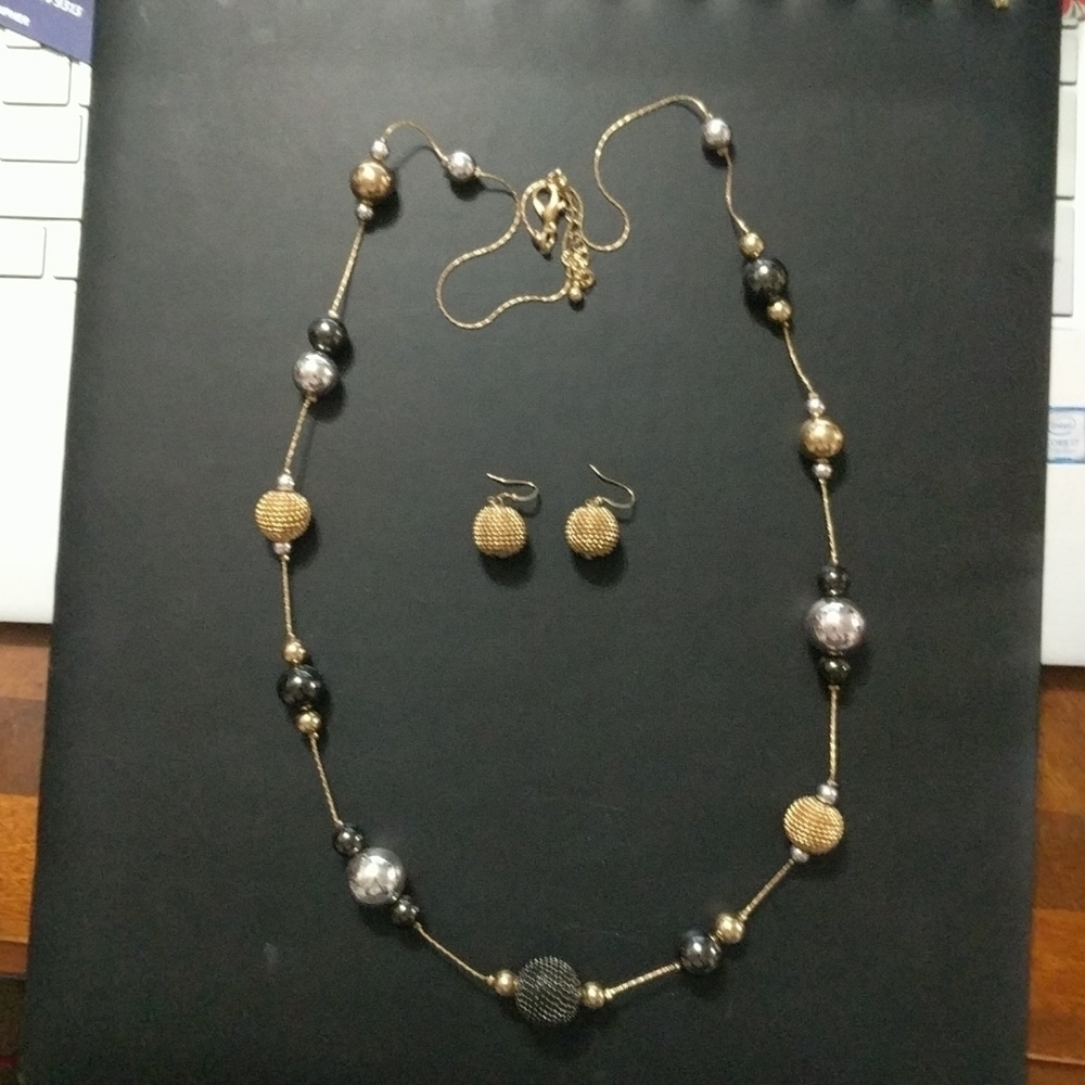 Gold and Silver Tone Black Beaded Baubles Necklace and Earrings Set